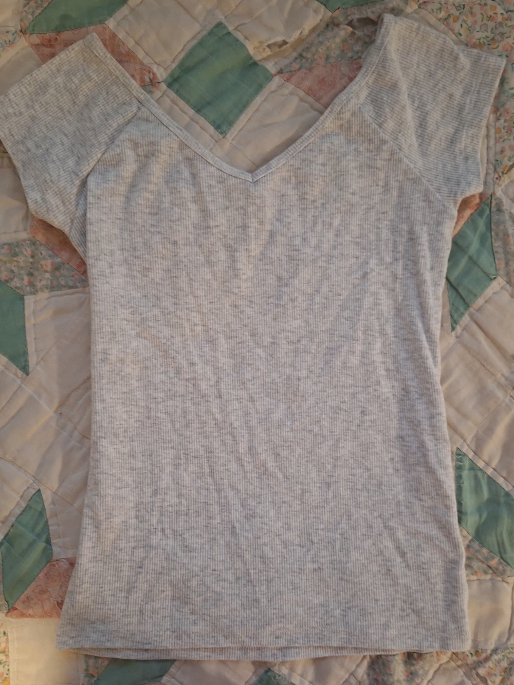American Eagle Outfitters Ribbed V-Neck Short Sleeve Top in Light Gray